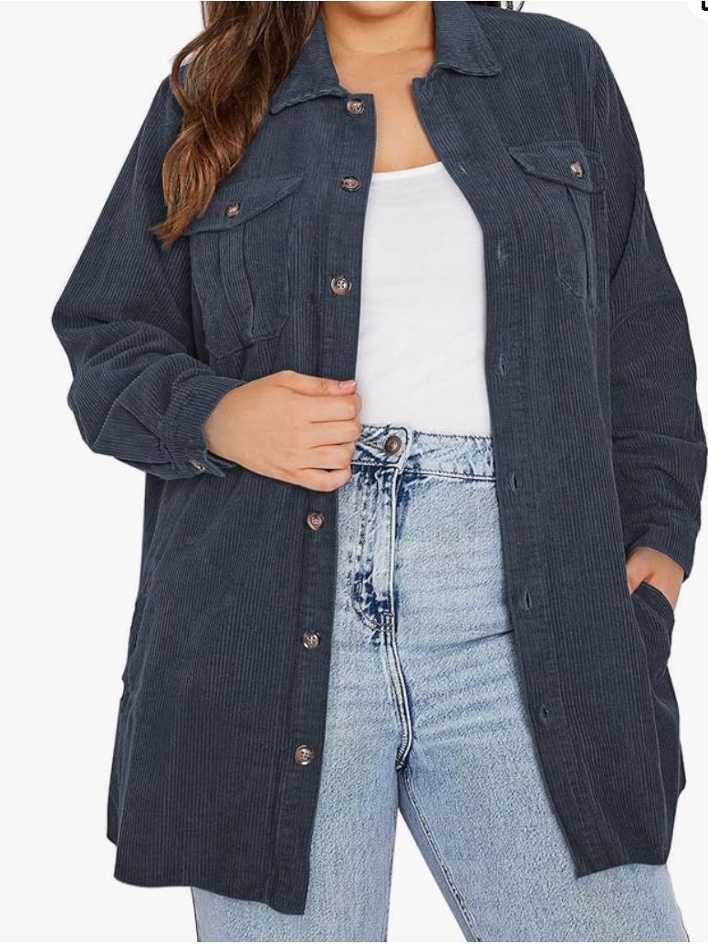 Eytino Women's Plus Size Long Sleeve Button Down Navy Blue Corduroy Jacket New